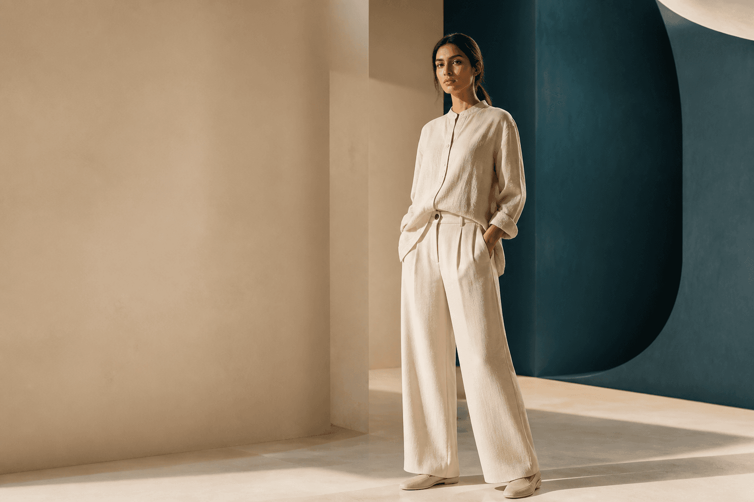 Model wearing an ivory ZAFSO linen co-ord in an architectural studio